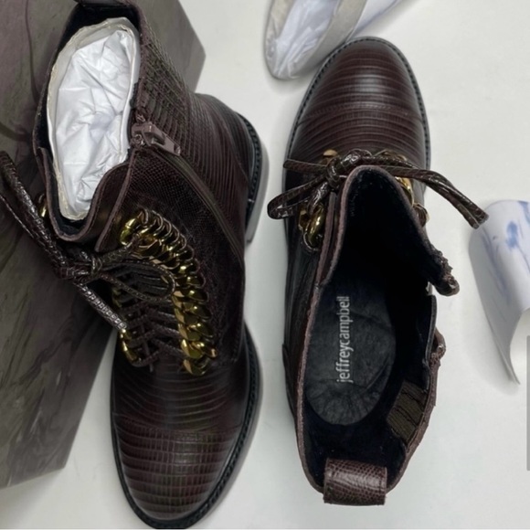 JEFFREY CAMPBELL Size 7 Damon Snakeskin Embossed Brown Lizard Gold Combat Boot - Picture 9 of 12